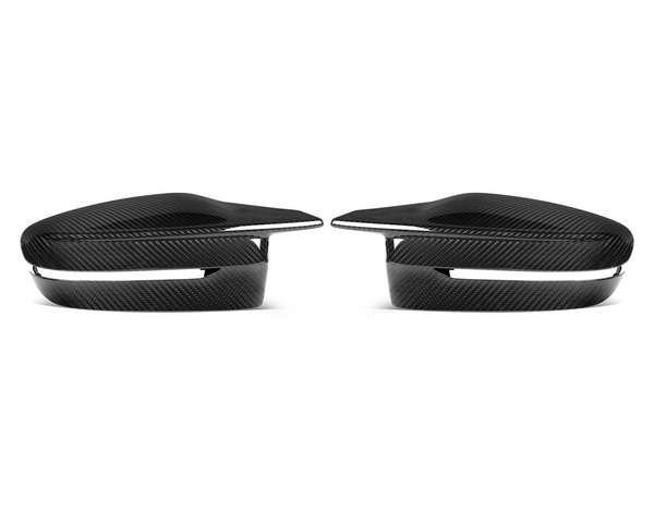 Two sleek, black carbon fiber car mirror covers are displayed against a white background, with an aerodynamic design that emphasizes a modern and futuristic aesthetic.