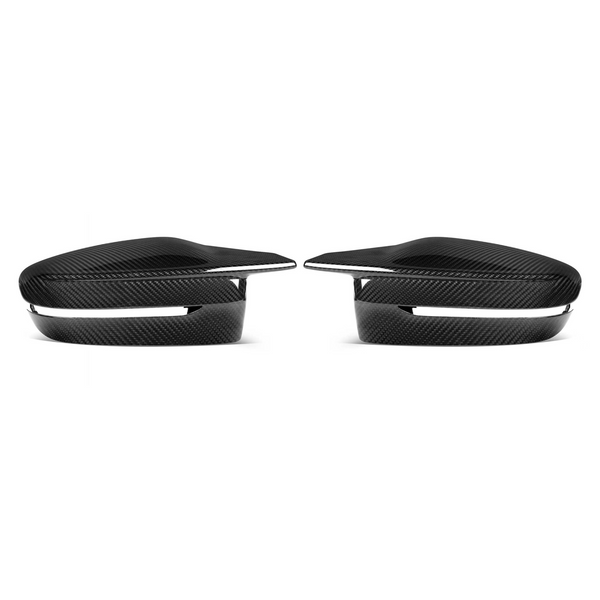 Two sleek, black carbon fiber car mirror covers are displayed against a white background, with an aerodynamic design that emphasizes a modern and futuristic aesthetic.