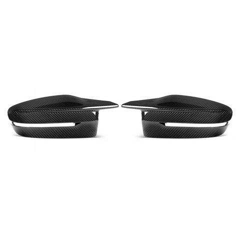 Two sleek, black carbon fiber car mirror covers are displayed against a white background, with an aerodynamic design that emphasizes a modern and futuristic aesthetic.