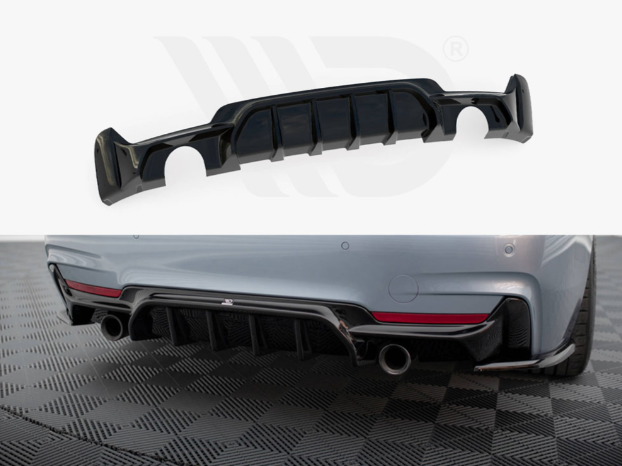 A black car rear diffuser, designed for enhanced aerodynamics, is shown separately and installed on a gray car, positioned on a patterned flooring surface.