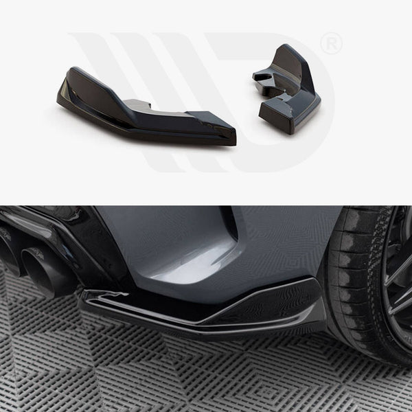 Car rear bumper add-ons laid on a white surface, displayed above their installation on a parked car's rear, near the wheel, on textured flooring.