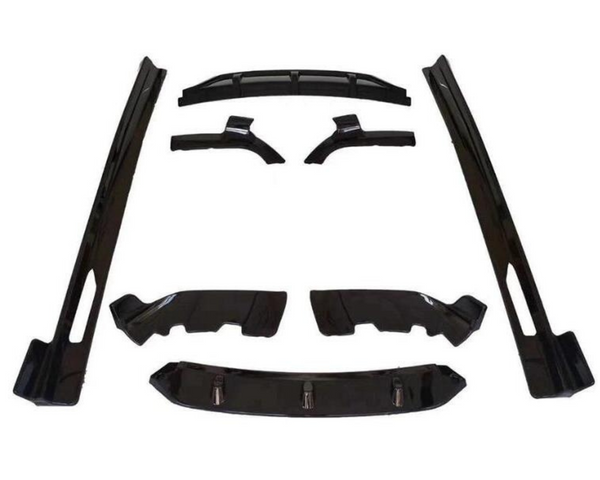 Black car body kit pieces arranged symmetrically on a white background. The set includes side skirts, splitters, and a diffuser, designed for automotive modification and enhancement.