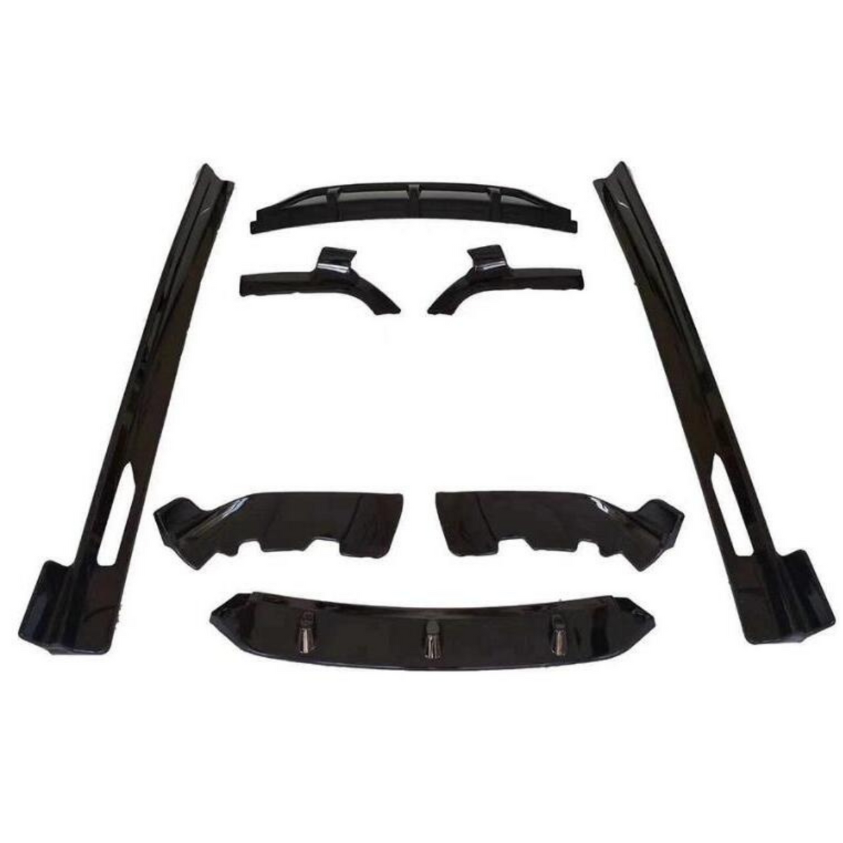 Black car body kit pieces arranged symmetrically on a white background. The set includes side skirts, splitters, and a diffuser, designed for automotive modification and enhancement.