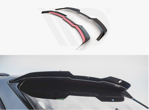 Two black car spoilers, one with a red underside, rest on a white surface; below, a similar spoiler is installed on a car's rear window in an outdoor setting.