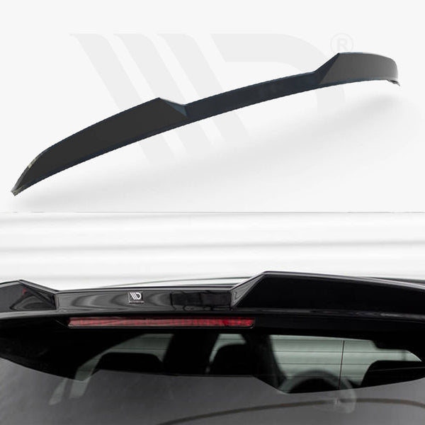 A black car spoiler is shown, detached in the top image, and attached to the rear of a car in the bottom image. The background is white and minimalistic.