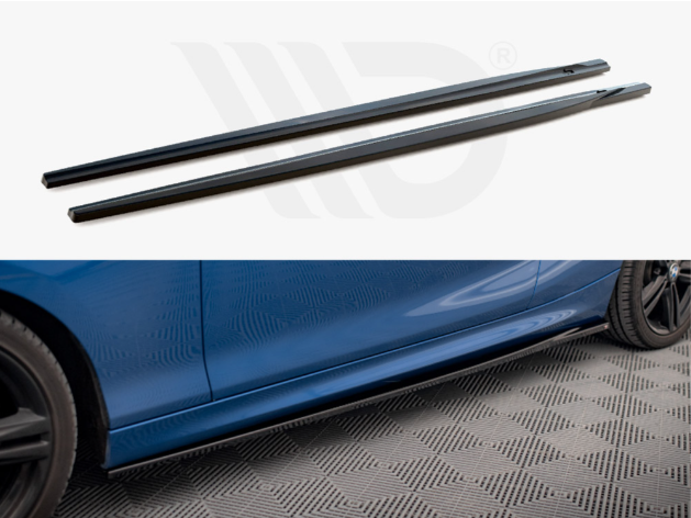 Two black car side skirts are shown in a white space, and the bottom image displays one installed on a blue car parked on a patterned garage floor.
