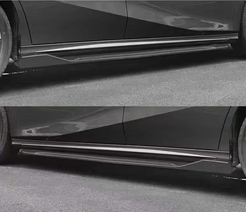 Car side skirts on a black vehicle in two images, emphasizing their sleek design, are set against an asphalt road. Both front and rear wheels are partially visible.