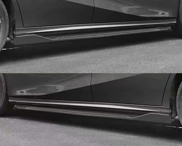 Car side skirts on a black vehicle in two images, emphasizing their sleek design, are set against an asphalt road. Both front and rear wheels are partially visible.