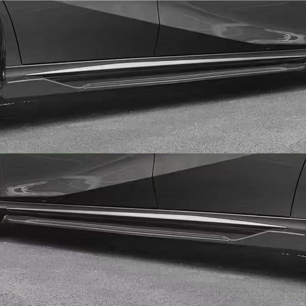 Car side skirts on a black vehicle in two images, emphasizing their sleek design, are set against an asphalt road. Both front and rear wheels are partially visible.