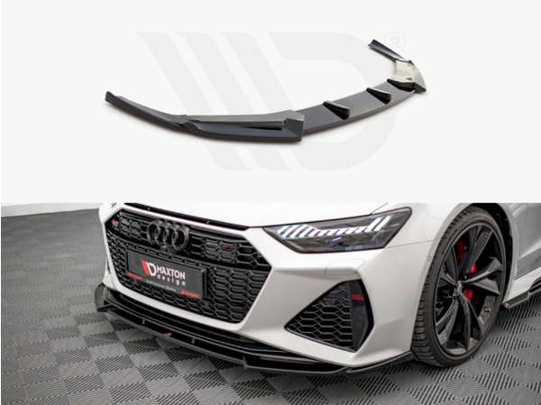 A black car front splitter displayed separately and then attached to a white car's front bumper. The car has a prominent grille and distinctive headlights in a showroom setting. Text: "Maxton Design."
