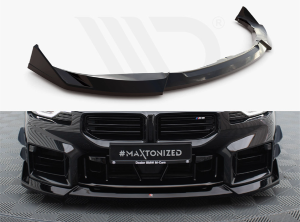 A black car front lip spoiler is shown detached and mounted. Below, it's attached to the front of a BMW car, parked on a textured surface. Text reads "#MAXTONIZED, Dealer BMW M-Cars."