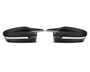 Two black carbon fiber side mirrors, facing each other. They appear sleek and aerodynamic, set against a plain white background, showcasing their glossy finish and detailed texture.
