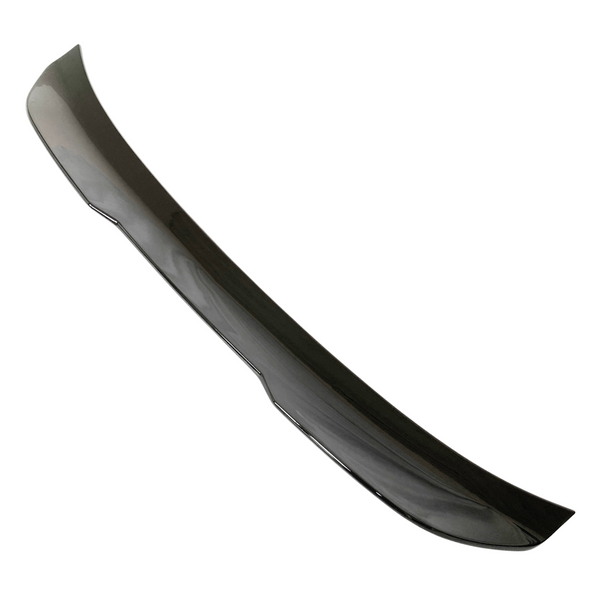 A sleek, black car spoiler, smoothly curved and glossy, is isolated against a plain white background, emphasizing its aerodynamic design.