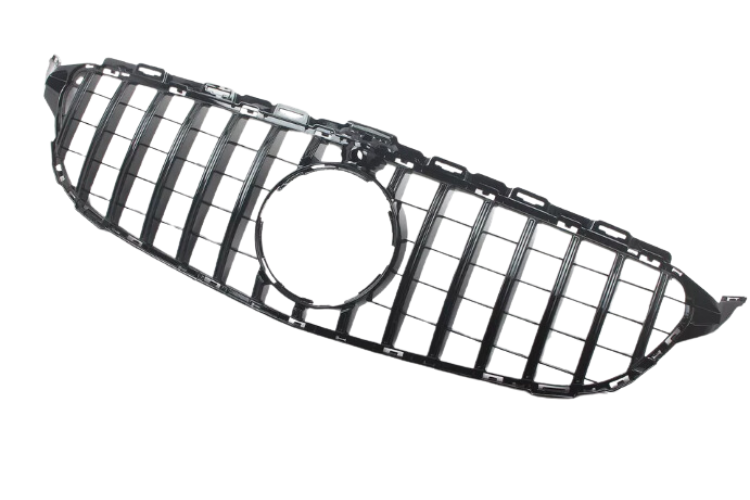 Black car grille with vertical bars and central circular opening; displayed on a white background.