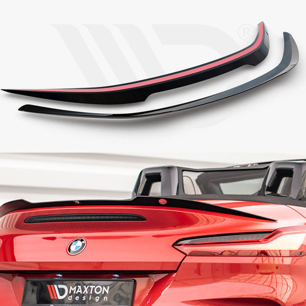 Two aerodynamic car spoilers are displayed above a red convertible, enhancing its sporty appearance. The background features a neutral setting. Text on the plate reads "MAXTON design."