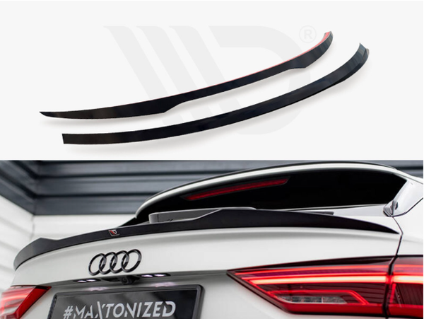 Two black car spoilers rest on a white surface, above an image of a white car with a spoiler attached, featuring red taillights. License plate reads "#MAXTONIZED."