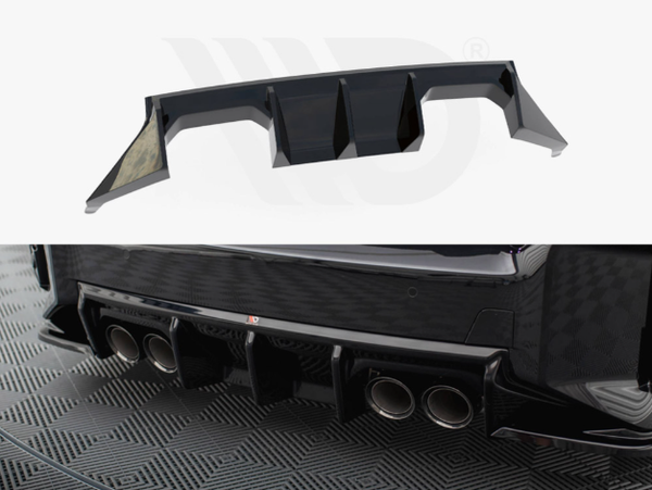 A car rear diffuser with aerodynamic fins is positioned above. Below, it's installed on a vehicle's rear bumper, featuring four exhaust pipes. The vehicle rests on a checkered floor.