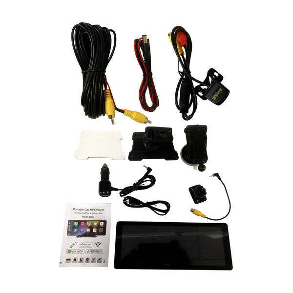 A variety of car electronics accessories, including cords, mounts, and a display screen, are arranged on a white surface. 
 
 Text: "Portable Car MP5 Player" and "Wireless CarPlay & Android Auto, Model: 8350AX, Apple CarPlay, Android Auto, MetroLinq."