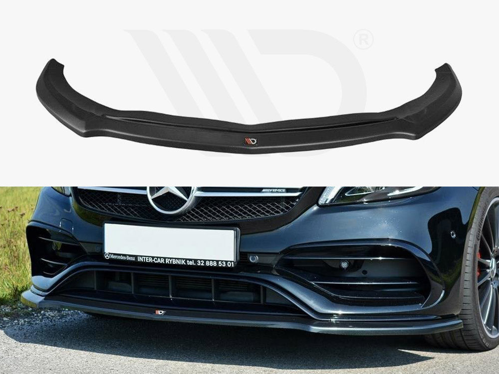 A black front bumper lip spoiler is shown separately and installed on a dark-colored car. The car is parked on a road with grass visible, featuring the text "INTER-CAR RYBNIK tel. 32 888 53 01" on the bumper.
