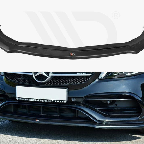 A black front bumper lip spoiler is shown separately and installed on a dark-colored car. The car is parked on a road with grass visible, featuring the text "INTER-CAR RYBNIK tel. 32 888 53 01" on the bumper.