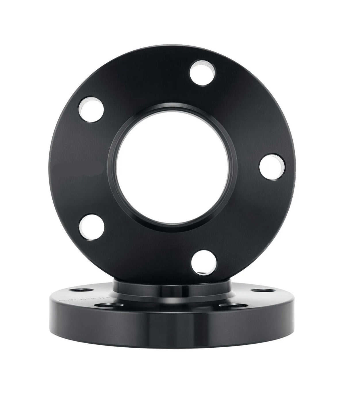 A metallic, round flange with five evenly spaced holes rests on a similar base. The objects are black, featuring a smooth, polished surface. Background is plain white.