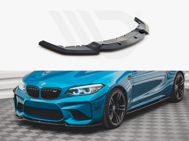 A black car front splitter is shown above, designed for aerodynamics, and displayed above an image of a blue sports car with modified design on a textured floor.