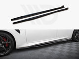 Two black side skirt extensions are displayed on a white background. Below, a white sports car is shown in profile, fitted with similar extensions, parked on a patterned floor.