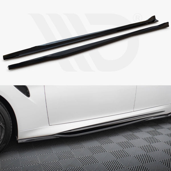 Two black side skirt extensions are displayed on a white background. Below, a white sports car is shown in profile, fitted with similar extensions, parked on a patterned floor.
