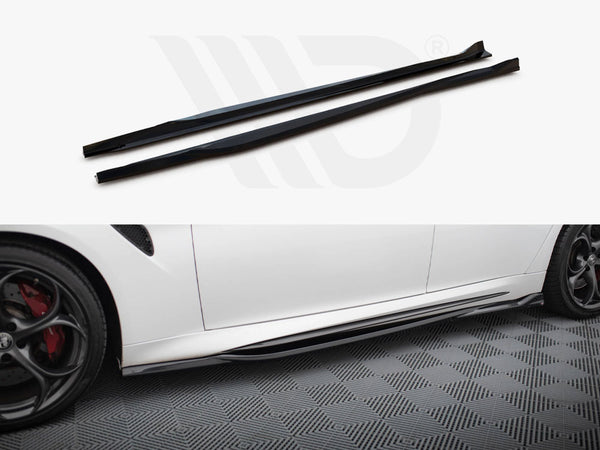 Two black side skirt extensions are displayed on a white background. Below, a white sports car is shown in profile, fitted with similar extensions, parked on a patterned floor.