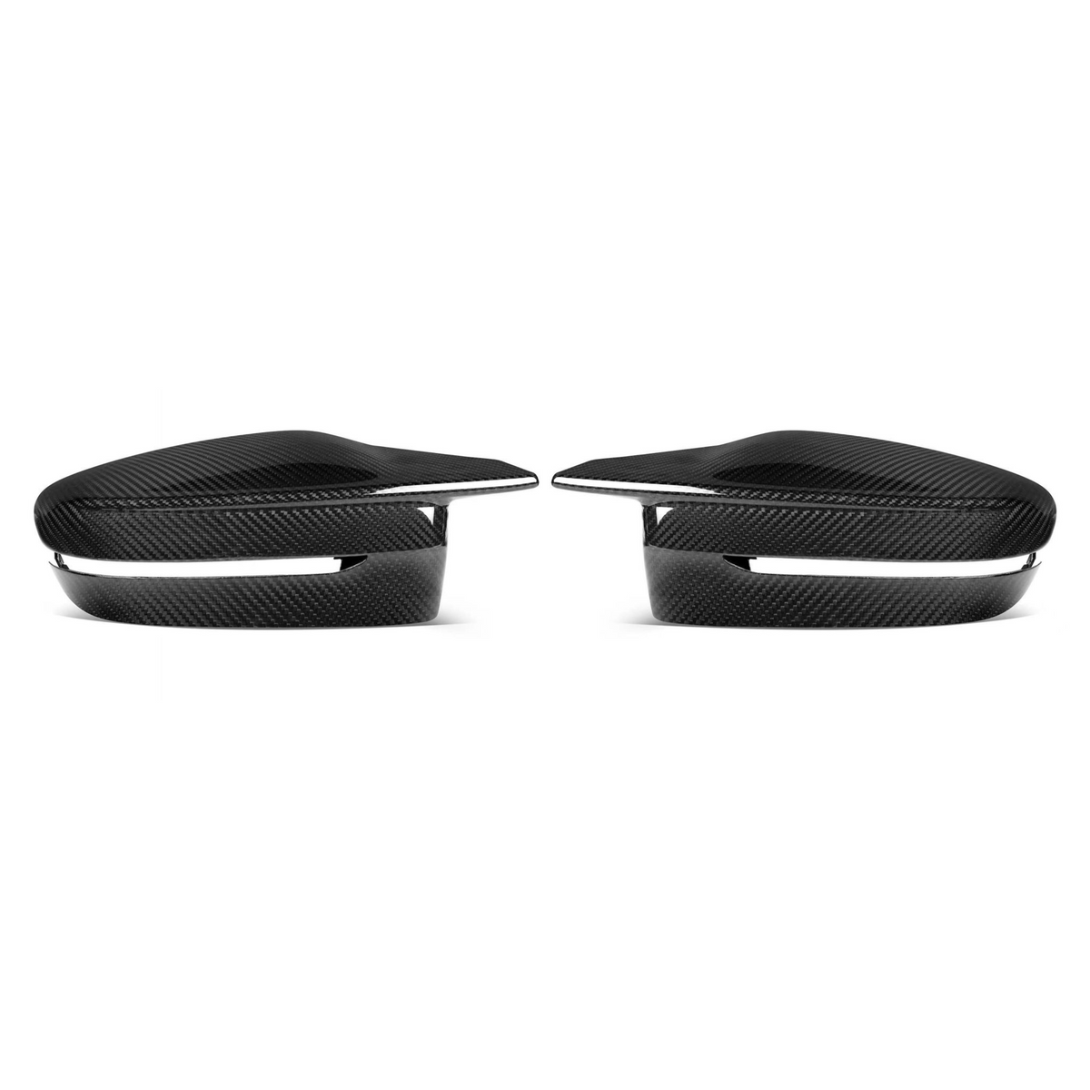 Two sleek, black carbon fiber car side mirrors are positioned symmetrically on a white background, emphasizing their glossy texture and aerodynamic design.
