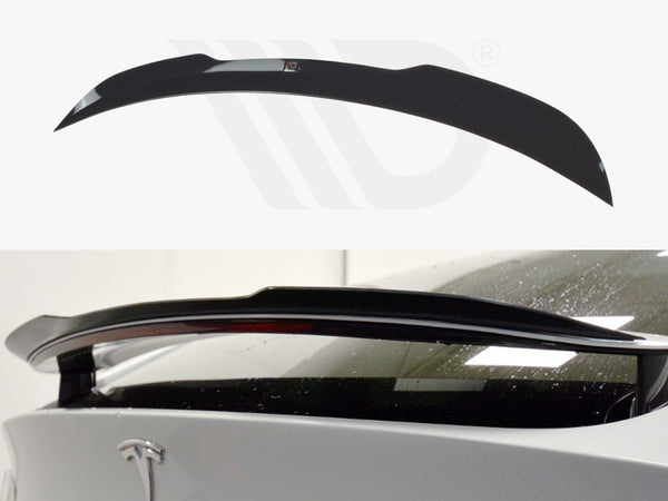 A black car spoiler is mounted on the rear of a white vehicle, enhancing aerodynamics. The upper image shows the standalone spoiler on a white background with a logo.