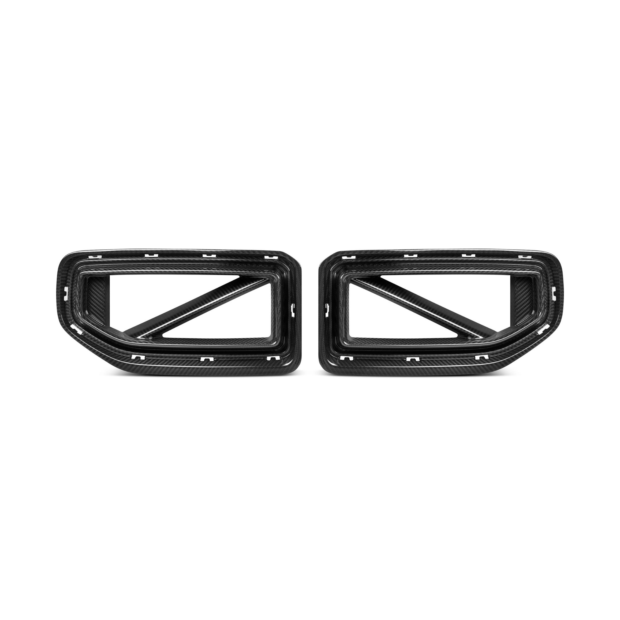 Two carbon fiber car exhaust trim pieces, designed with rectangular frames and diagonal supports, are positioned side by side against a plain white background.