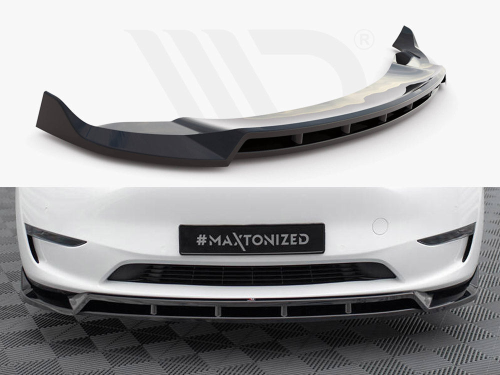 Front splitter is shown detached and then attached to a white car's bumper. The car is parked on a checkered floor. Text on the license plate reads "MA XTONIZED."