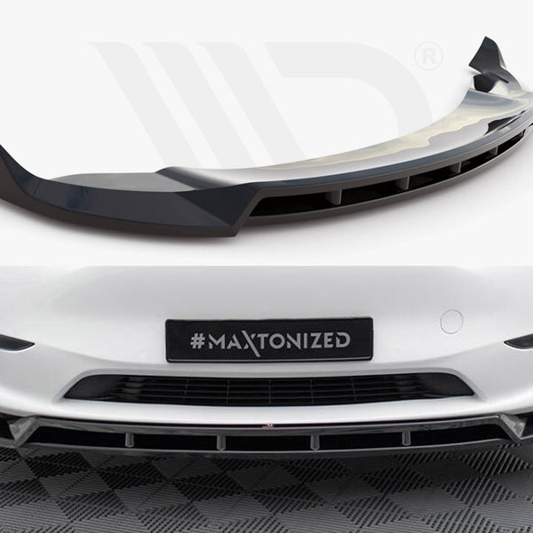 Front splitter is shown detached and then attached to a white car's bumper. The car is parked on a checkered floor. Text on the license plate reads "MA XTONIZED."
