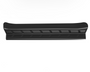 A long, black, rectangular automotive running board with a textured surface and slotted design sits against a plain white background.