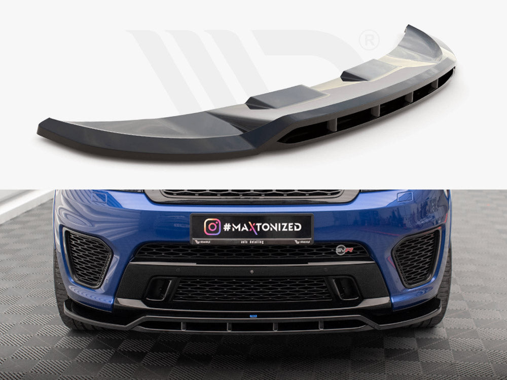 A car front splitter is displayed above a blue car's front bumper, fitted on a checkered floor. Text on the car reads "#MAXTONIZED" with an Instagram logo.