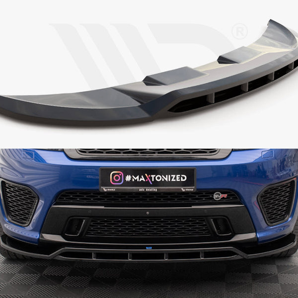 A car front splitter is displayed above a blue car's front bumper, fitted on a checkered floor. Text on the car reads "#MAXTONIZED" with an Instagram logo.
