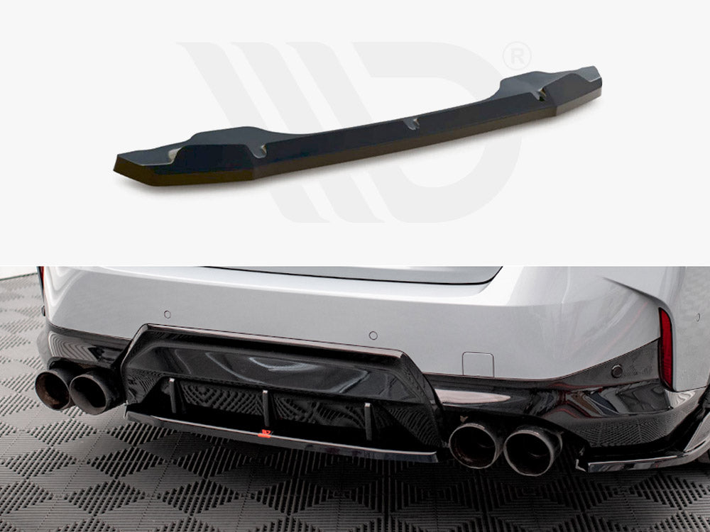 A black car rear diffuser lying flat, designed to fit under the rear bumper of a vehicle. Below, a silver car features the diffuser installed in a garage setting.