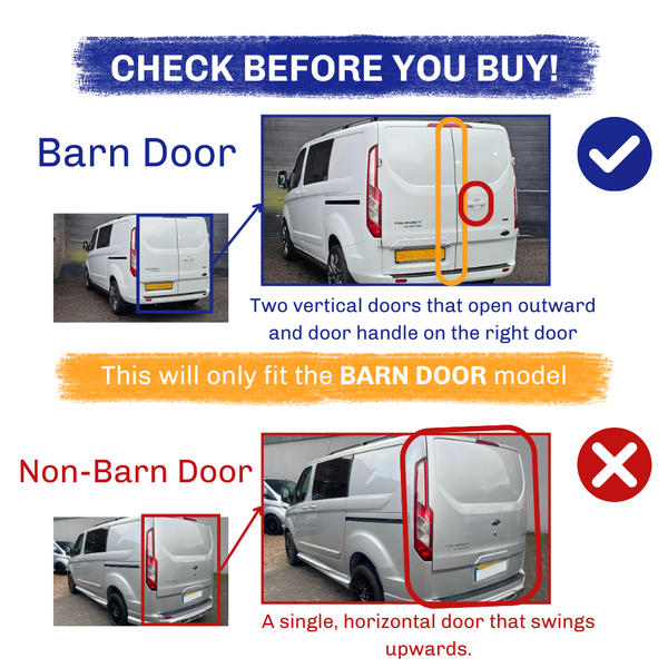 White van comparison with emphasis on rear doors. "Barn Door" has two vertical doors with a right handle. "Non-Barn Door" features a single horizontal door. Text: ," "This will only fit the BARN DOOR model."
