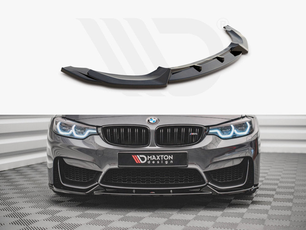 A black car front splitter, shaped for aerodynamics, is displayed above a grey sports car with bright headlights. The background shows a garage. Text: "MAXTON design."