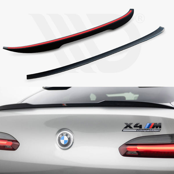 Two aerodynamic car spoilers, one black with a red accent, are shown. Below, a rear view of a gray BMW X4 M Competition features a black spoiler above the taillights and BMW emblem.