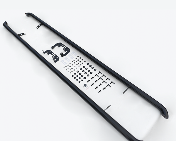 Two black rails rest parallel on a white surface, accompanied by assorted brackets, screws, washers, and hardware components organized between them.