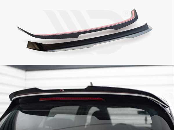 Two car spoilers are shown, one in close-up with a reflective red strip. Below, the spoiler is installed on a car's rear window, suggesting aerodynamics in a garage setting.