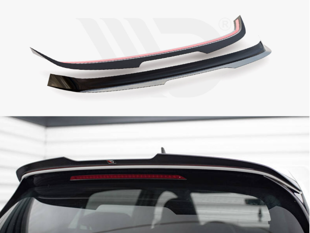 Two car spoilers are shown, one in close-up with a reflective red strip. Below, the spoiler is installed on a car's rear window, suggesting aerodynamics in a garage setting.