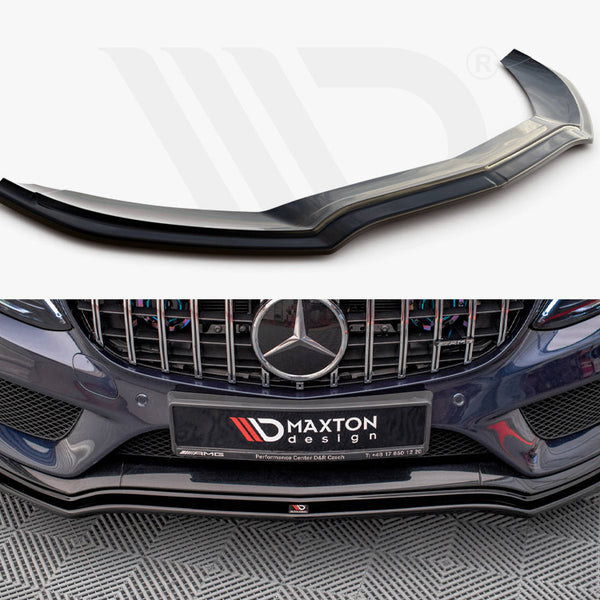 A black car front splitter rests on a white surface. Below, it is installed on a dark grey car with a Mercedes emblem, parked on a patterned floor. Text: "MAXTON design."