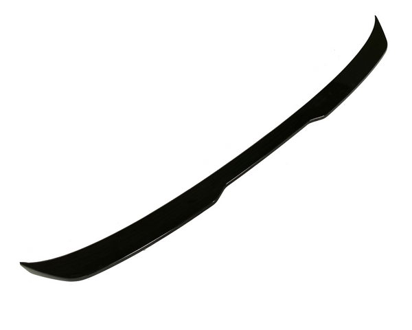 A sleek, black car spoiler with a smooth curvature sits isolated against a plain white background, designed to enhance aerodynamic performance.