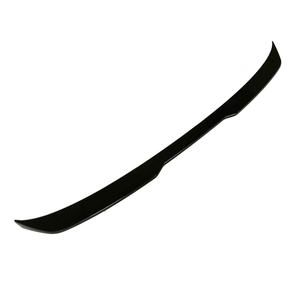 A sleek, black car spoiler with a smooth curvature sits isolated against a plain white background, designed to enhance aerodynamic performance.