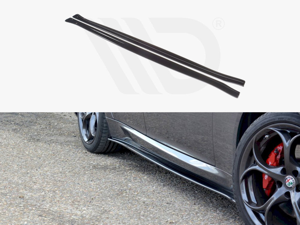 Black side skirts are displayed at the top, while below, a black car with red brake calipers is parked on gravel, showcasing the side skirt fitted along the vehicle's lower edge.