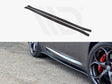 Black side skirts are displayed at the top, while below, a black car with red brake calipers is parked on gravel, showcasing the side skirt fitted along the vehicle's lower edge.