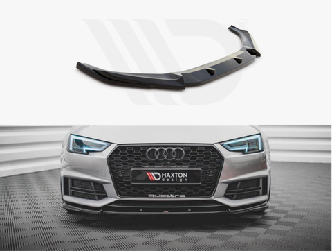 A black front bumper lip spoiler is shown separately above a silver Audi car with LED headlights parked in a patterned garage. Visible texts are "MAXTON design" on the license plate area and "quattro" below.